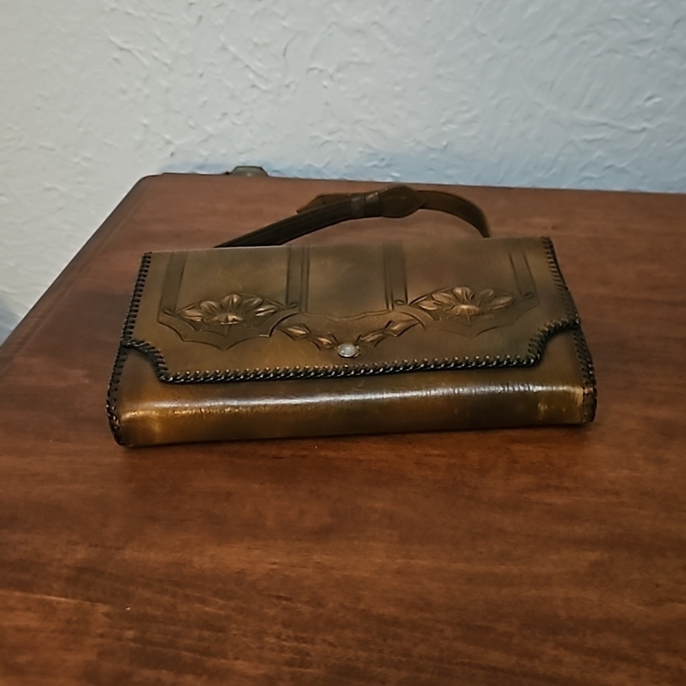 Antique Art Nouveau Tooled Floral Leather Expandable Wallet Clutch Bag - Picture 15 of 16